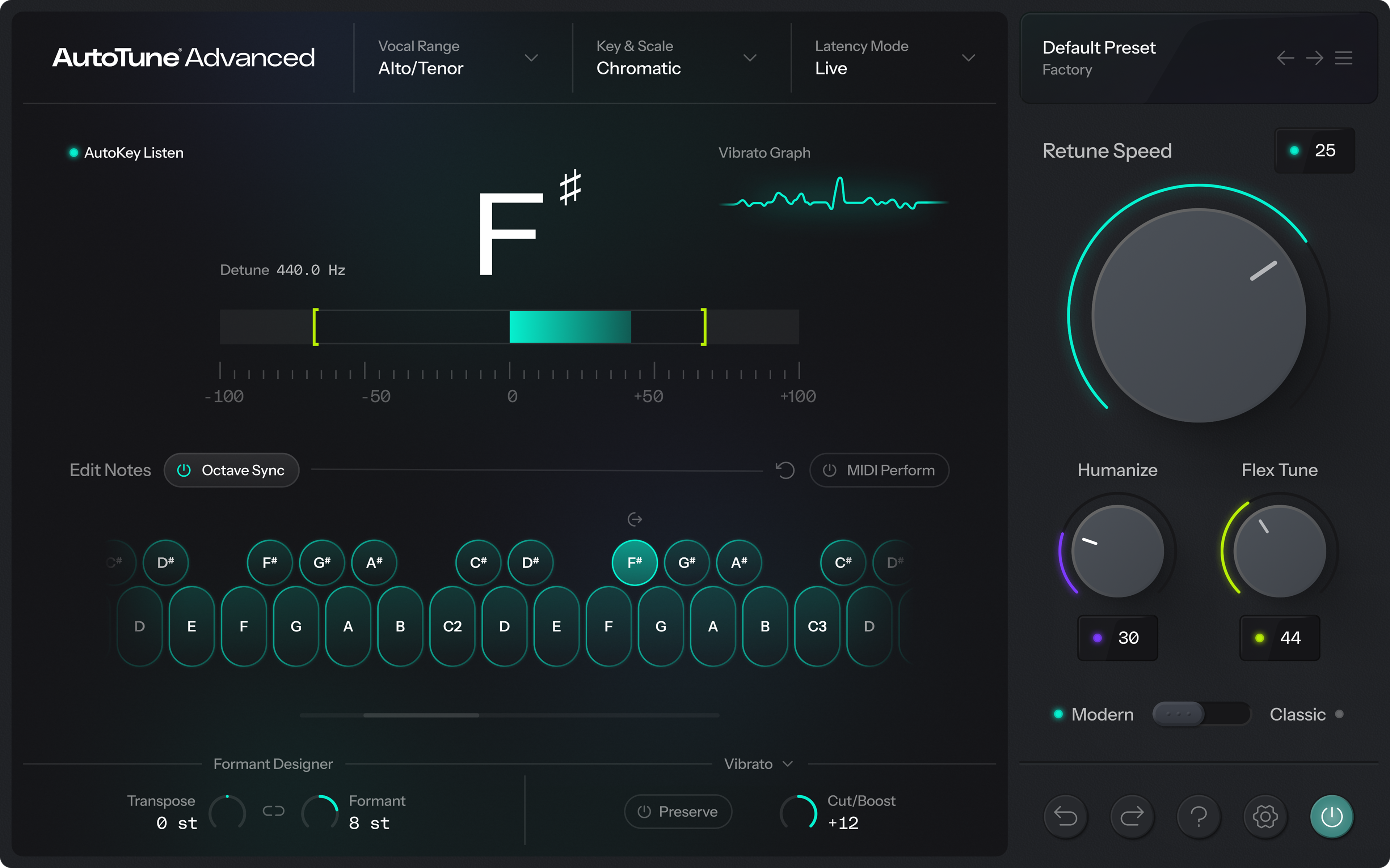 AutoTune Advanced主界面中的音高显示、虚拟键盘、Retune Speed与Formant Designer